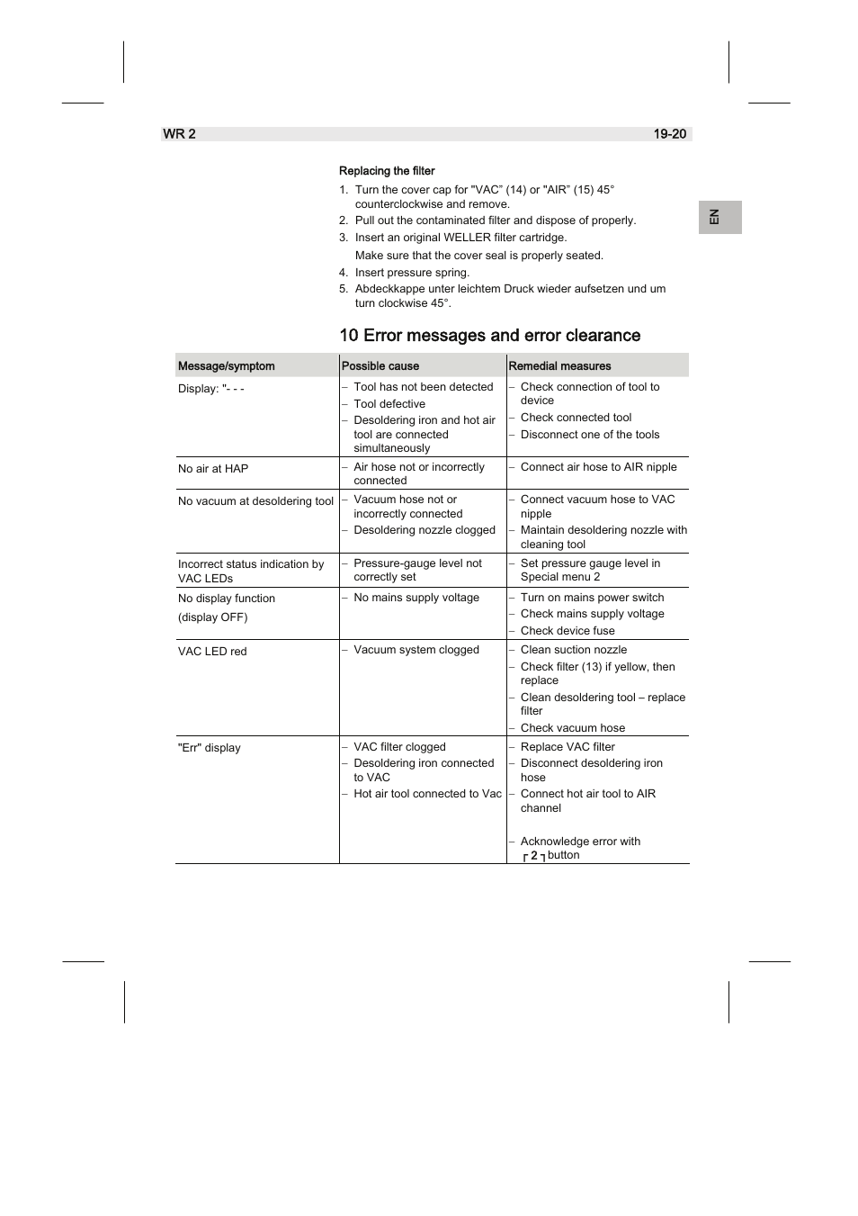 10 error messages and error clearance | Weller WR2 User Manual | Page 39 / 65