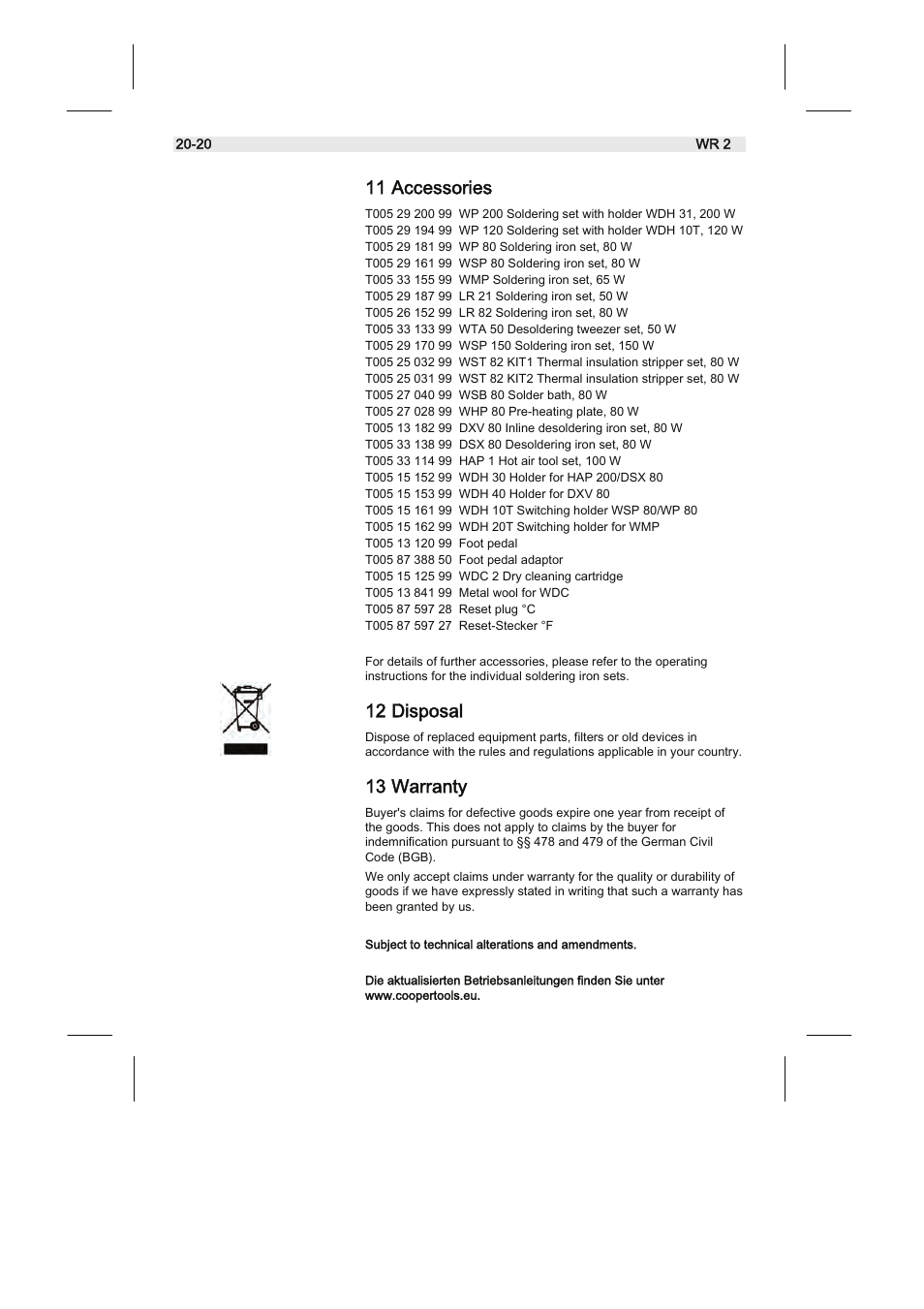 11 accessories, 12 disposal, 13 warranty | Weller WR2 User Manual | Page 40 / 65