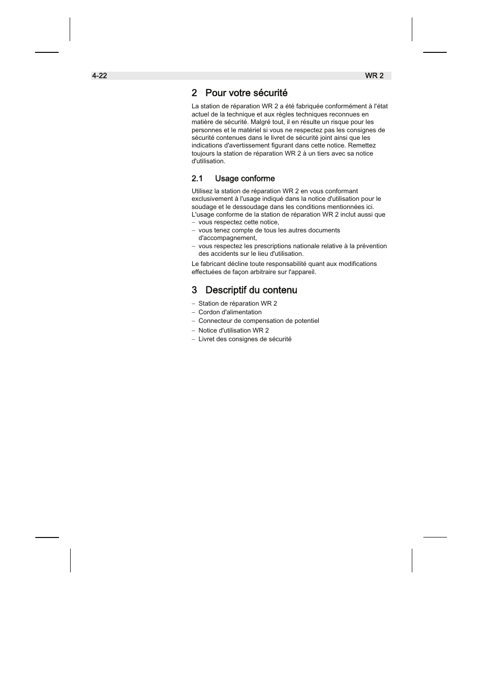 2 pour votre sécurité, 3 descriptif du contenu | Weller WR2 User Manual | Page 44 / 65