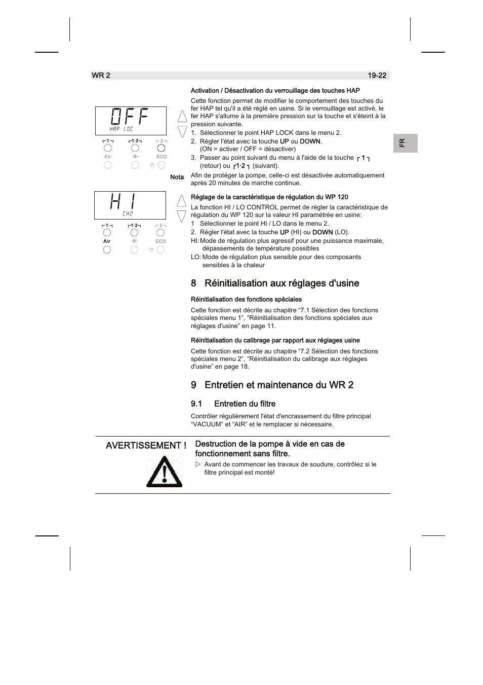 8 réinitialisation aux réglages d'usine, 9 entretien et maintenance du wr 2 | Weller WR2 User Manual | Page 59 / 65