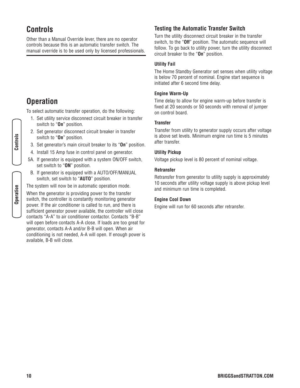 Controls, Operation | Briggs & Stratton Portable Generator User Manual | Page 10 / 40