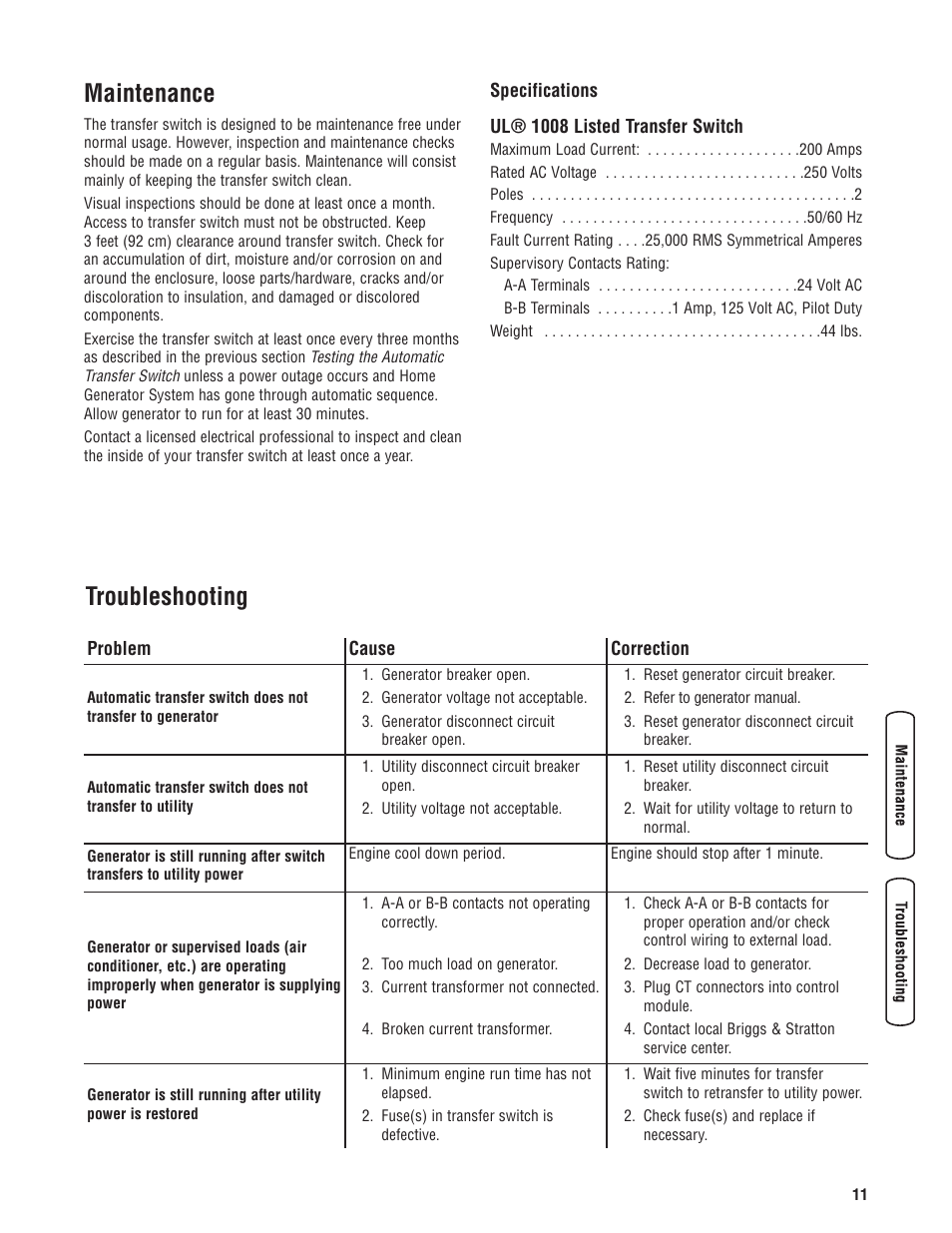 Troubleshooting, Maintenance | Briggs & Stratton Portable Generator User Manual | Page 11 / 40