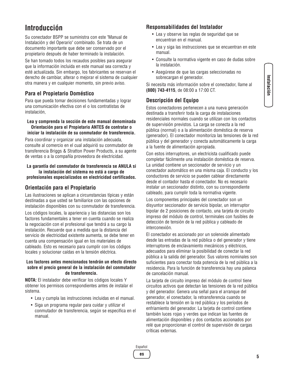 Owner orientation, Installer responsibilities, Equipment description | Orientación para el propietario, Responsabilidades del instal, Descripción del equipo, Introducción | Briggs & Stratton Portable Generator User Manual | Page 21 / 40