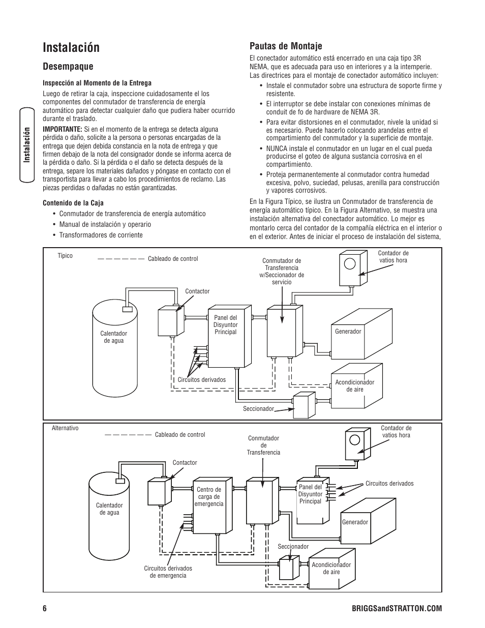 Installation, Unpacking, Mounting guidelines | Instalación, Desempaque, Pautas de montaje, Unpacking mounting guidelines, Desempaque pautas de montaje | Briggs & Stratton Portable Generator User Manual | Page 22 / 40