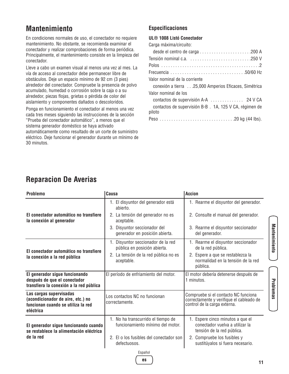 Maintenance, Specifications, Troubleshooting | Mantenimiento, Especificaciones, Reparacion de averias, Reparacion de averias garantia | Briggs & Stratton Portable Generator User Manual | Page 27 / 40