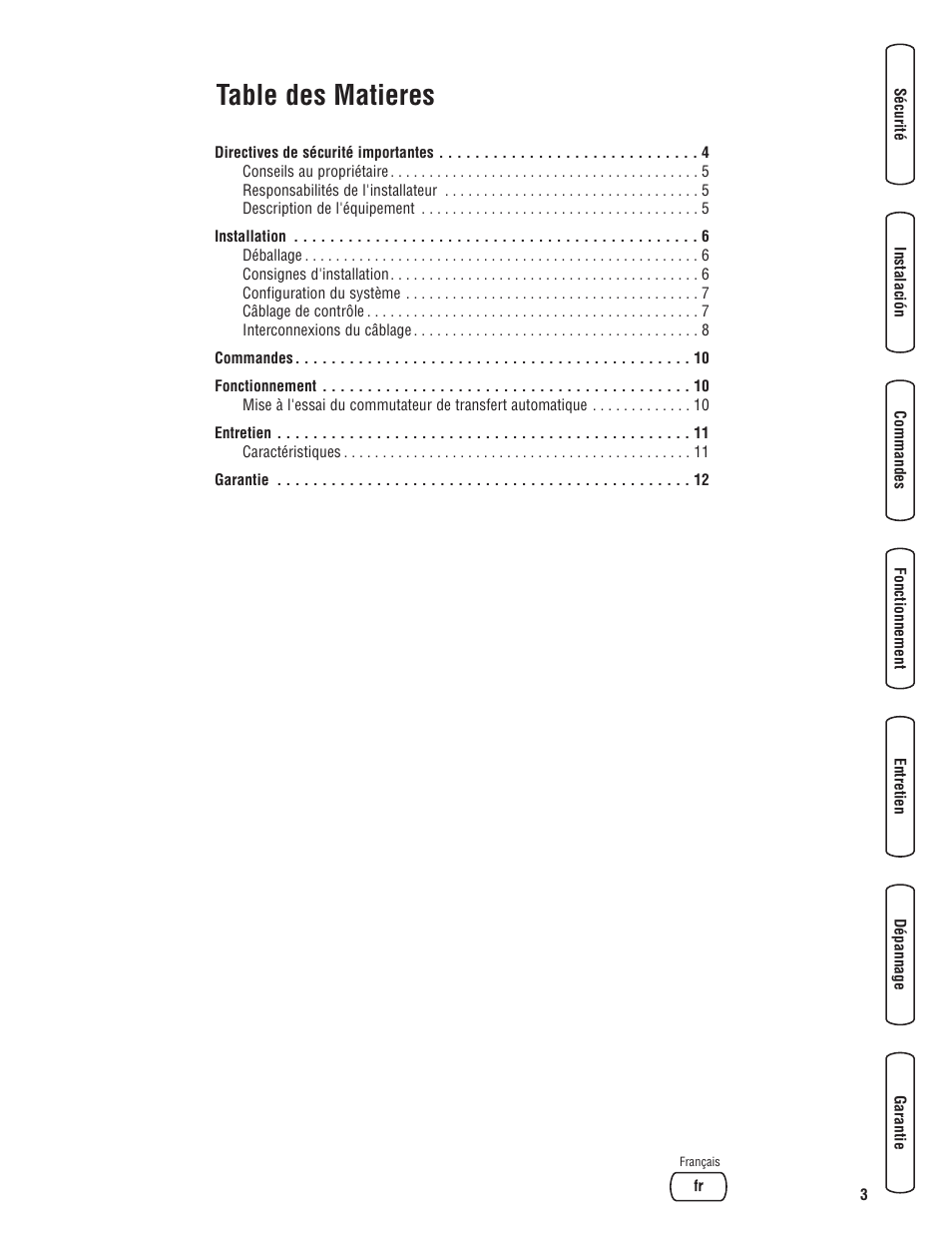 Tocfr, Table des matieres | Briggs & Stratton Portable Generator User Manual | Page 31 / 40