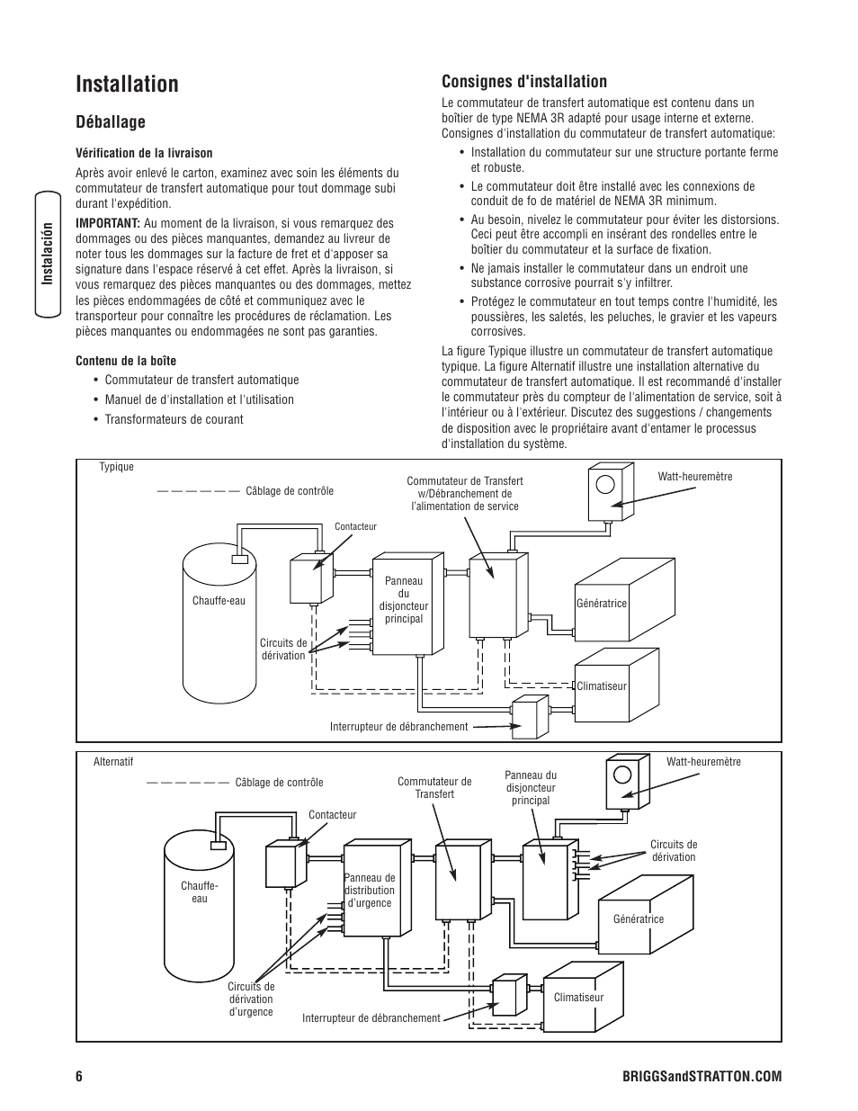 Installation, Déballage, Consignes d'installation | Briggs & Stratton Portable Generator User Manual | Page 34 / 40