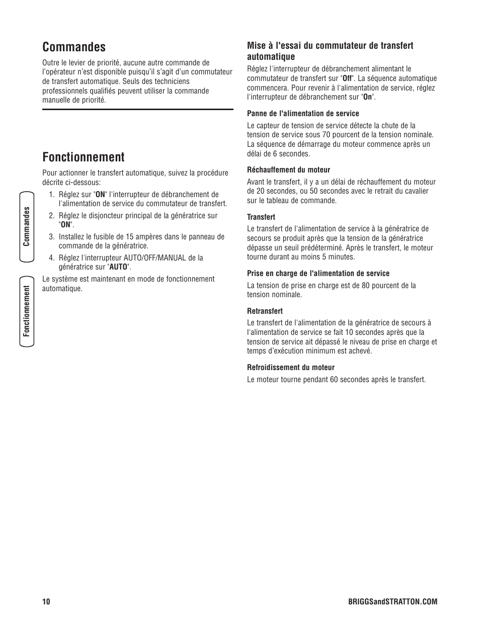Commandes, Fonctionnement | Briggs & Stratton Portable Generator User Manual | Page 38 / 40