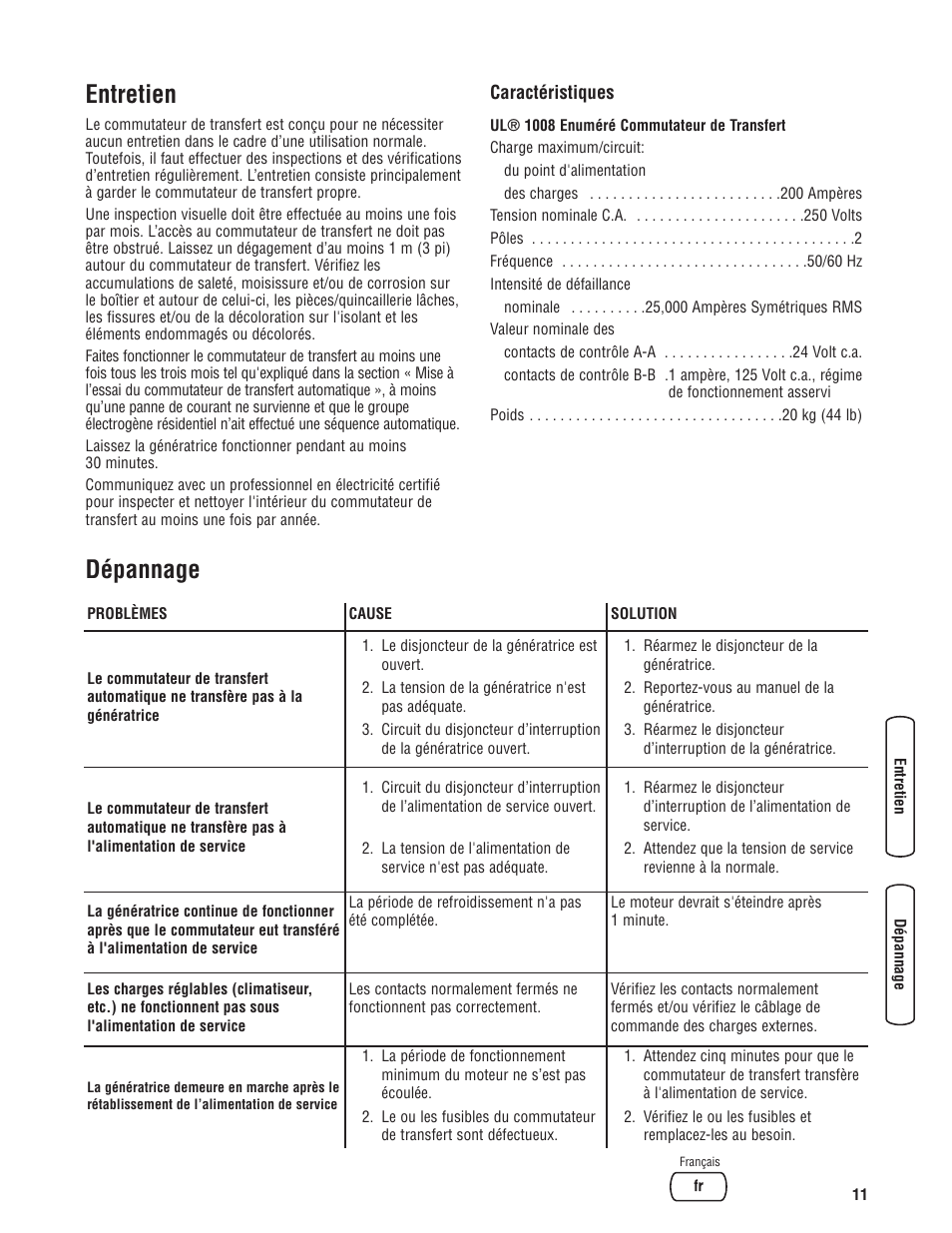 Entretien, Dépannage garantie | Briggs & Stratton Portable Generator User Manual | Page 39 / 40