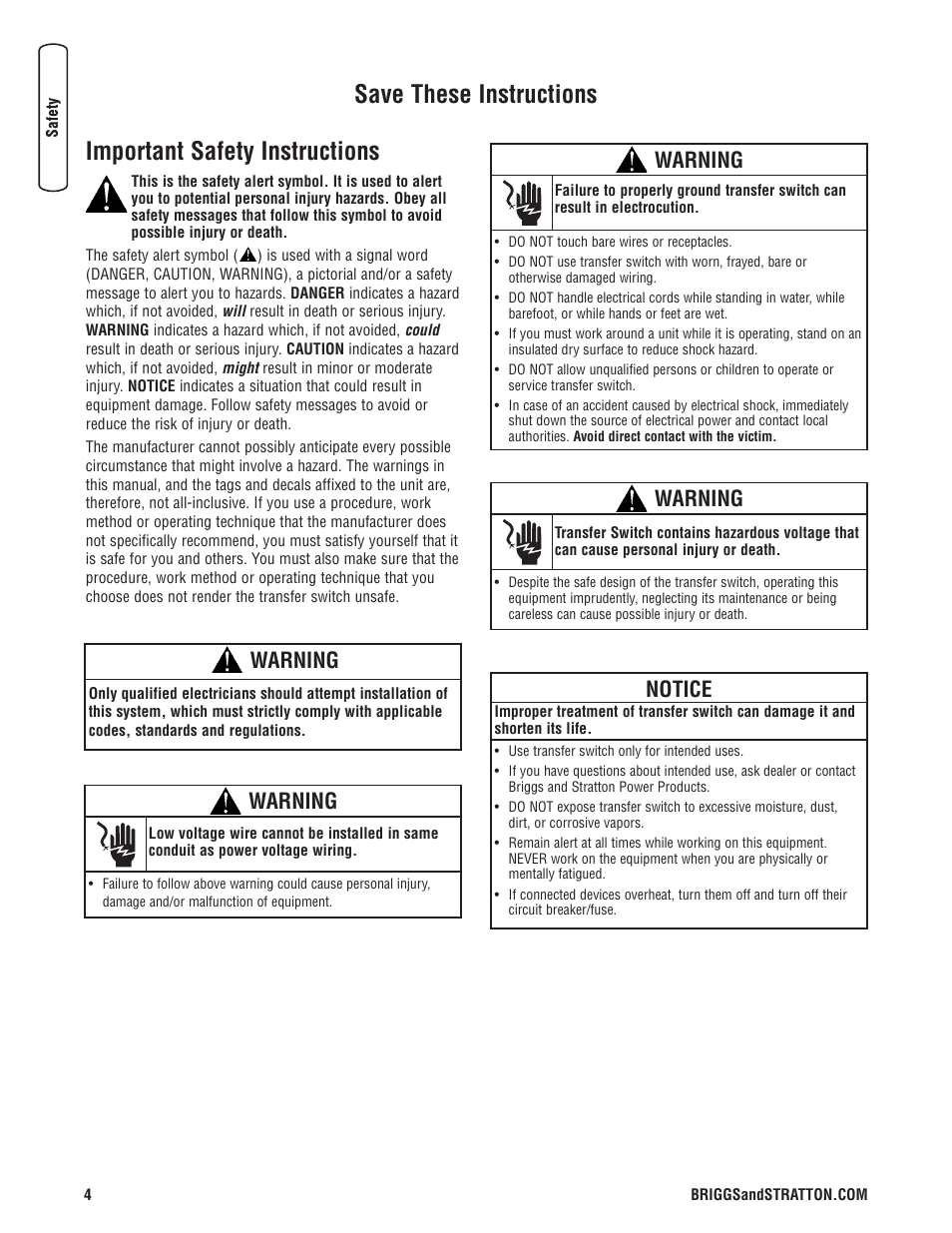 Important safety instructions, Save these instructions, Warning | Notice | Briggs & Stratton Portable Generator User Manual | Page 4 / 40