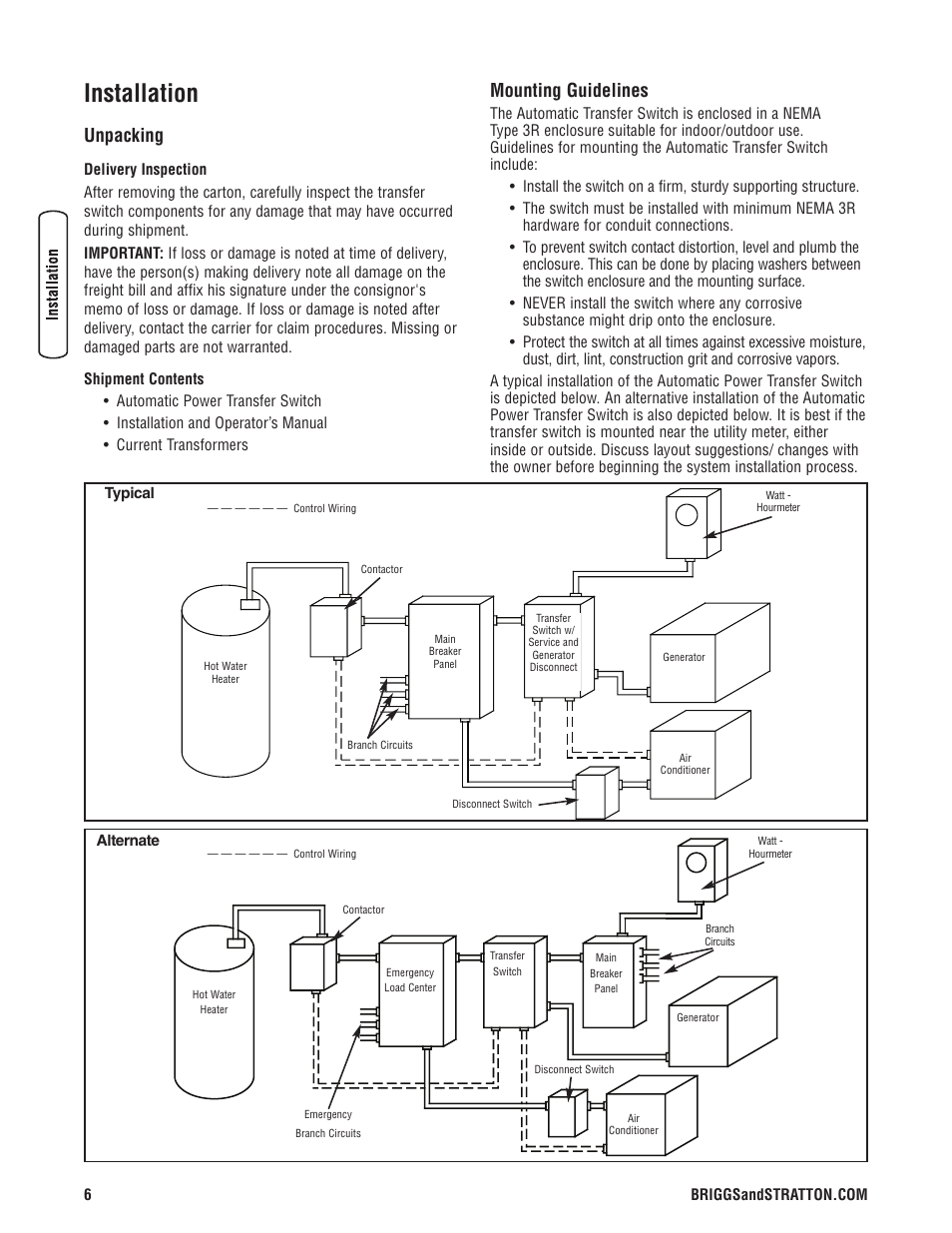 Installation, Unpacking, Mounting guidelines | Briggs & Stratton Portable Generator User Manual | Page 6 / 40