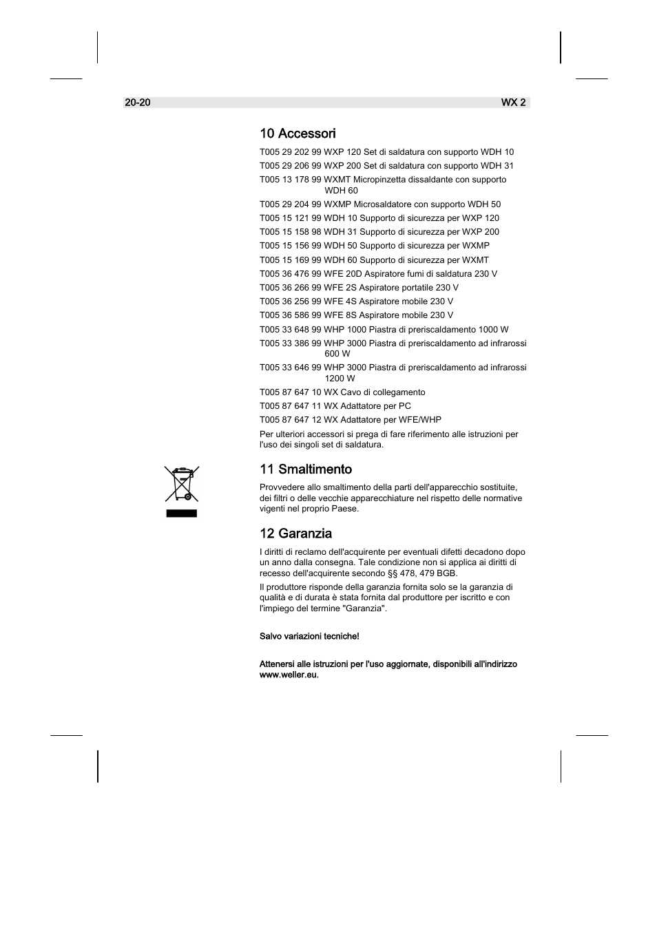 10 accessori, 11 smaltimento, 12 garanzia | Weller WX2 User Manual | Page 104 / 128