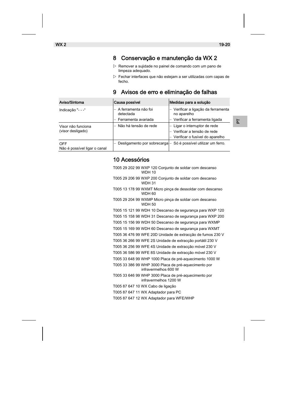 8 conservação e manutenção da wx 2, 9 avisos de erro e eliminação de falhas, 10 acessórios | Weller WX2 User Manual | Page 123 / 128