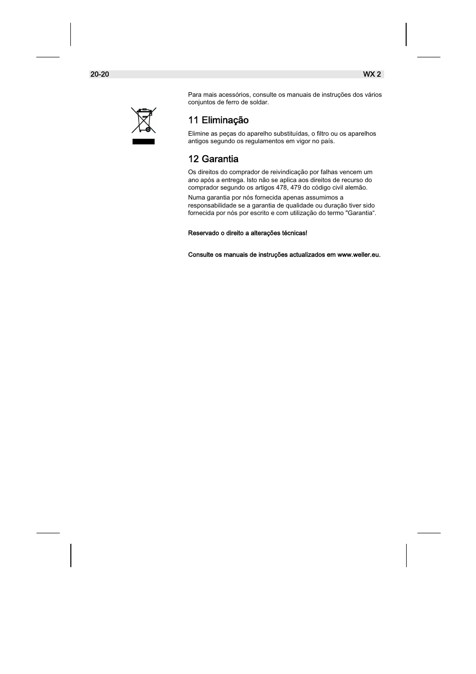 11 eliminação, 12 garantia | Weller WX2 User Manual | Page 124 / 128