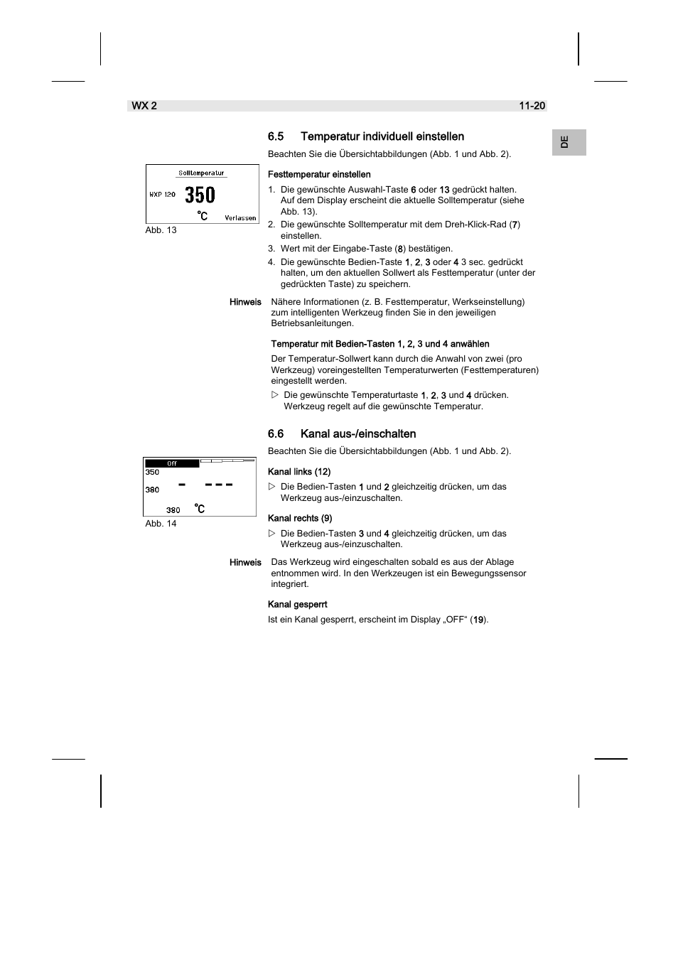 5 temperatur individuell einstellen, 6 kanal aus-/einschalten | Weller WX2 User Manual | Page 15 / 128