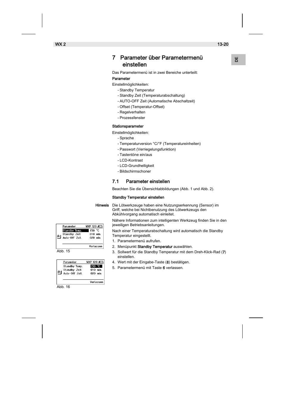 7 parameter über parametermenü einstellen, 1 parameter einstellen | Weller WX2 User Manual | Page 17 / 128