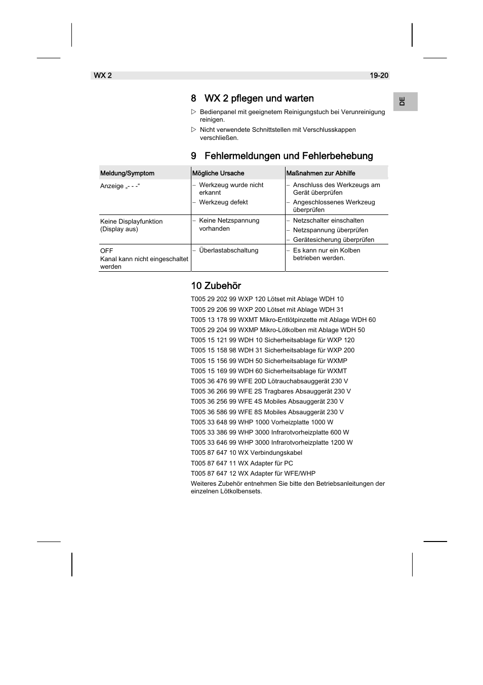 8 wx 2 pflegen und warten, 9 fehlermeldungen und fehlerbehebung, 10 zubehör | Weller WX2 User Manual | Page 23 / 128