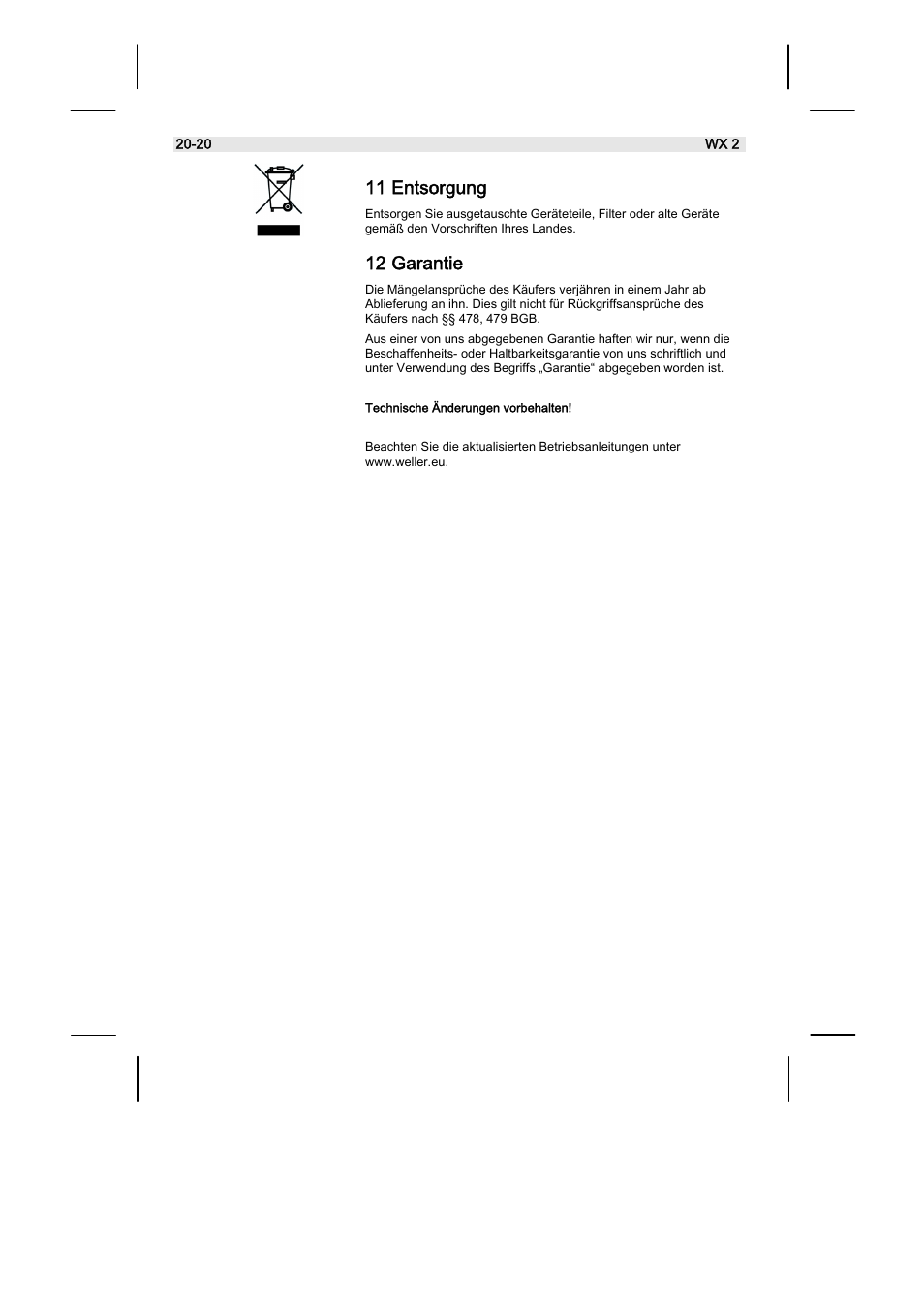 11 entsorgung, 12 garantie | Weller WX2 User Manual | Page 24 / 128