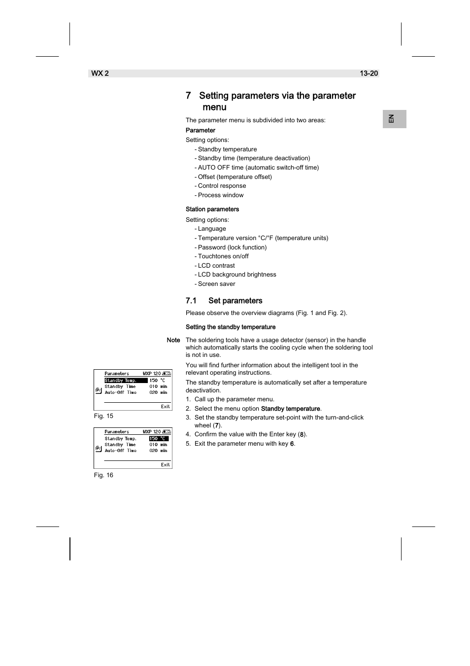 7 setting parameters via the parameter menu, 1 set parameters | Weller WX2 User Manual | Page 37 / 128