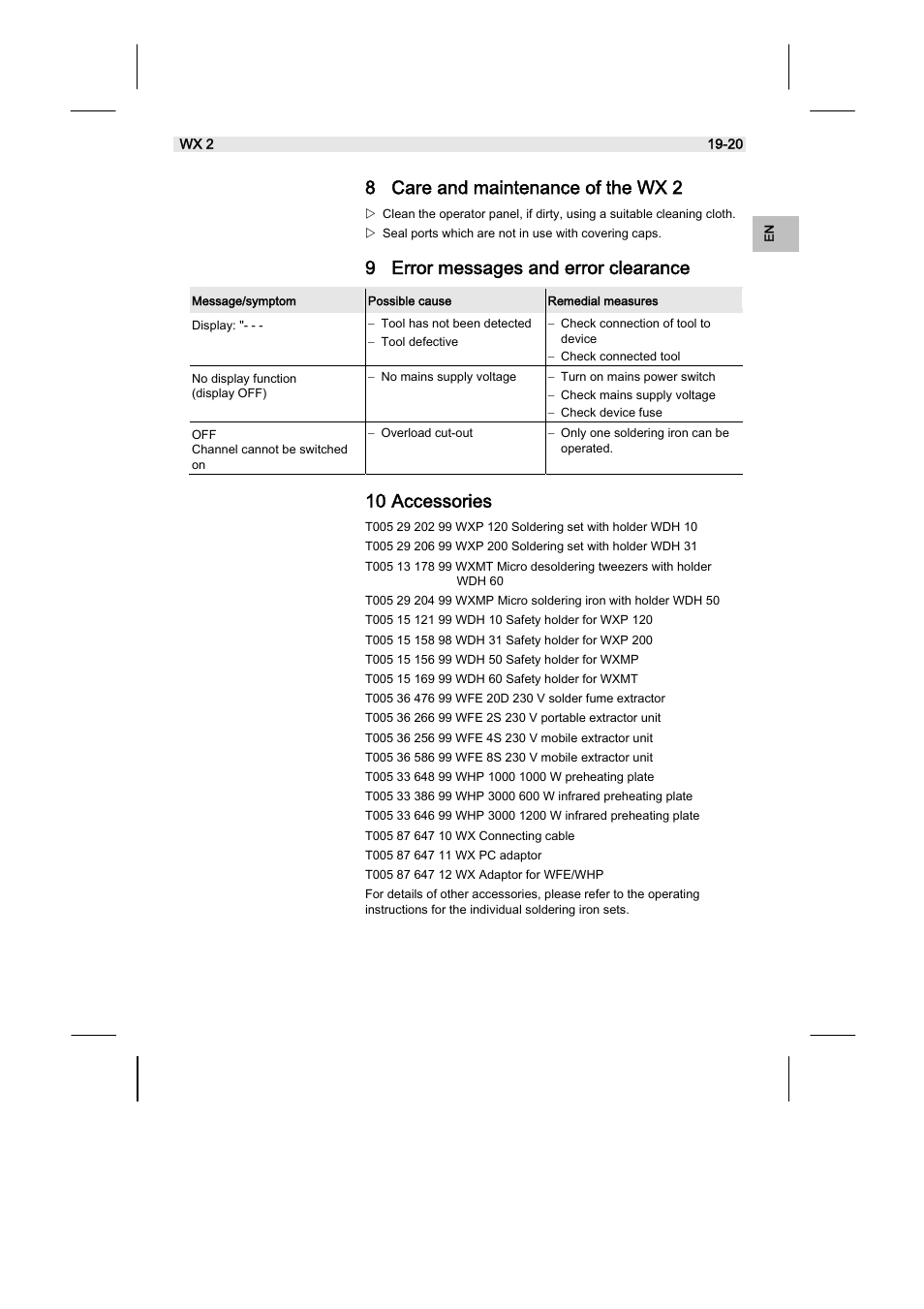 8 care and maintenance of the wx 2, 9 error messages and error clearance, 10 accessories | Weller WX2 User Manual | Page 43 / 128