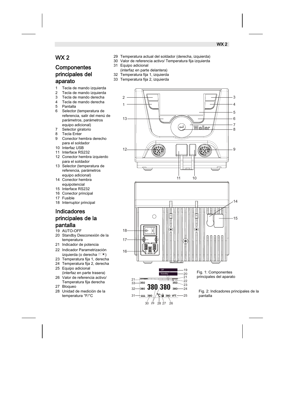 Wx 2 componentes principales del aparato, Indicadores principales de la pantalla | Weller WX2 User Manual | Page 46 / 128