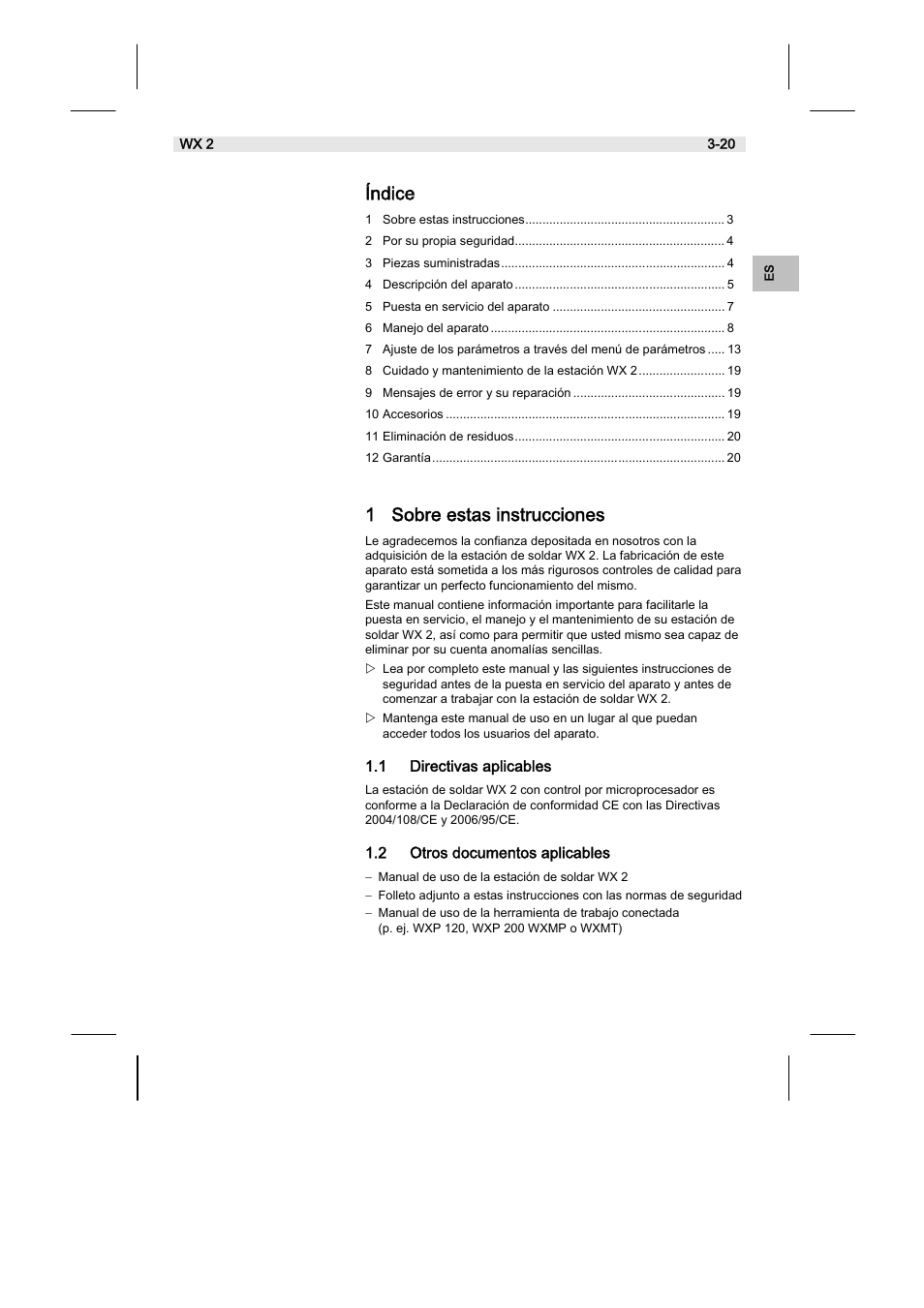 Índice, 1 sobre estas instrucciones | Weller WX2 User Manual | Page 47 / 128