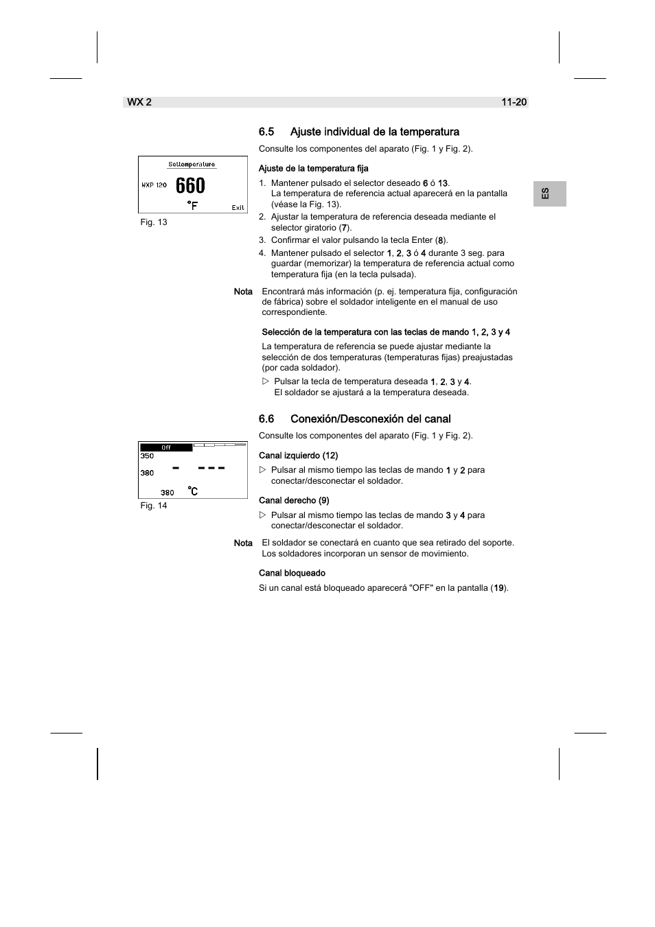 5 ajuste individual de la temperatura, 6 conexión/desconexión del canal | Weller WX2 User Manual | Page 55 / 128