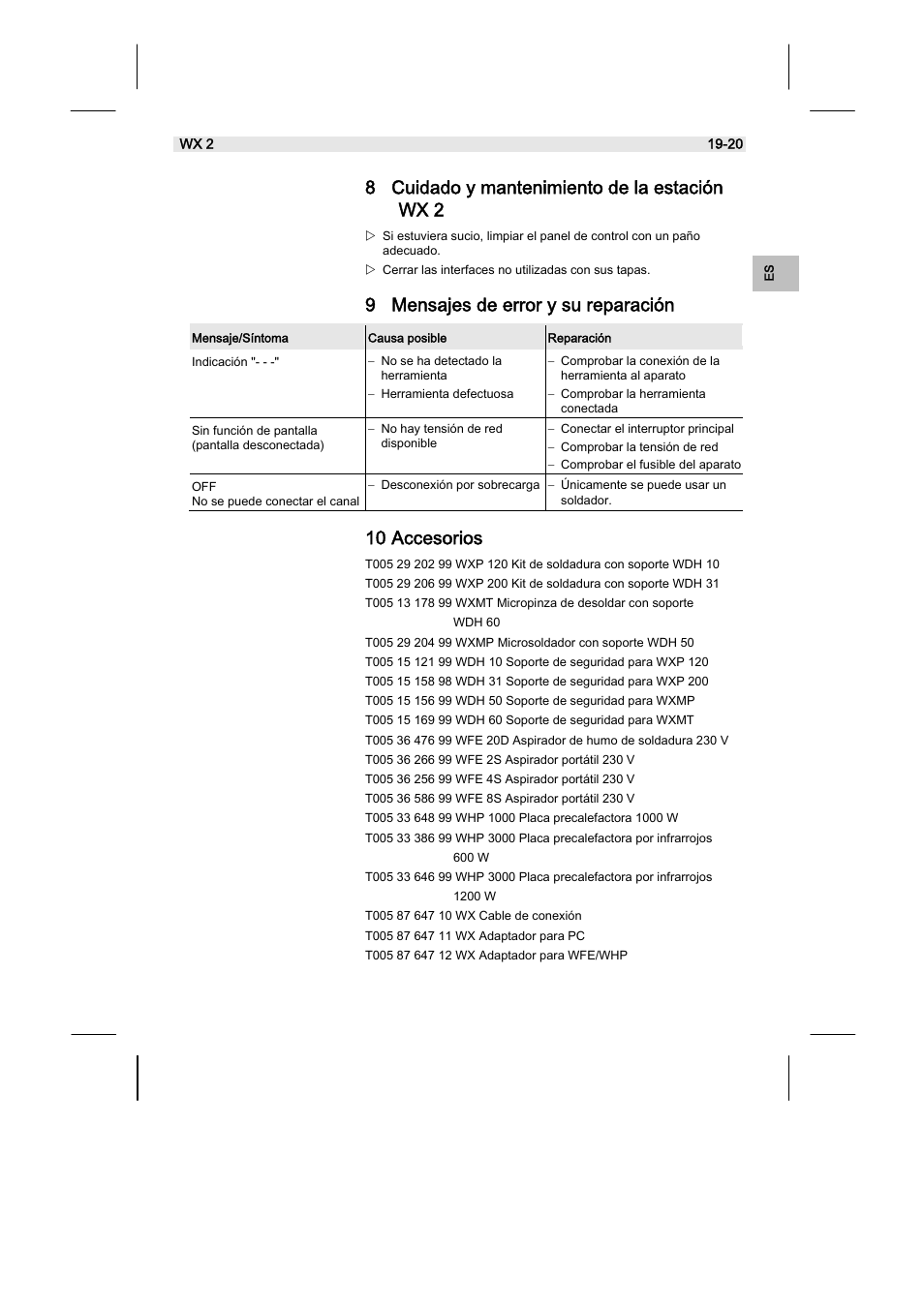 8 cuidado y mantenimiento de la estación wx 2, 9 mensajes de error y su reparación, 10 accesorios | Weller WX2 User Manual | Page 63 / 128