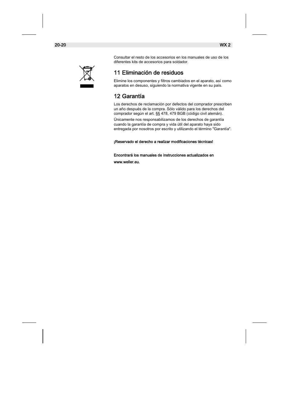 11 eliminación de residuos, 12 garantía | Weller WX2 User Manual | Page 64 / 128