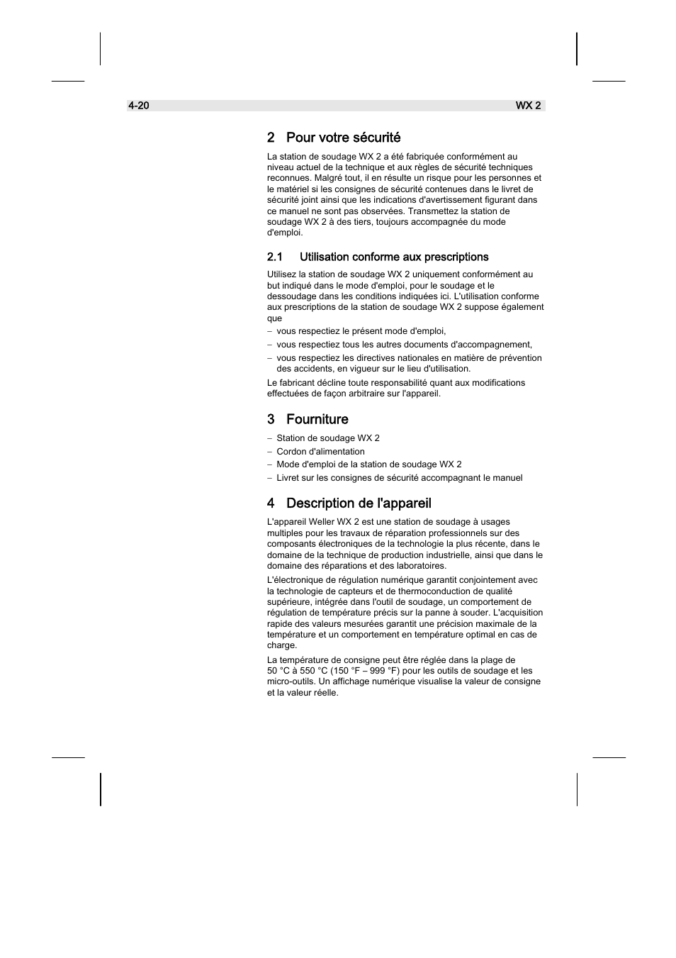 2 pour votre sécurité, 3 fourniture, 4 description de l'appareil | Weller WX2 User Manual | Page 68 / 128