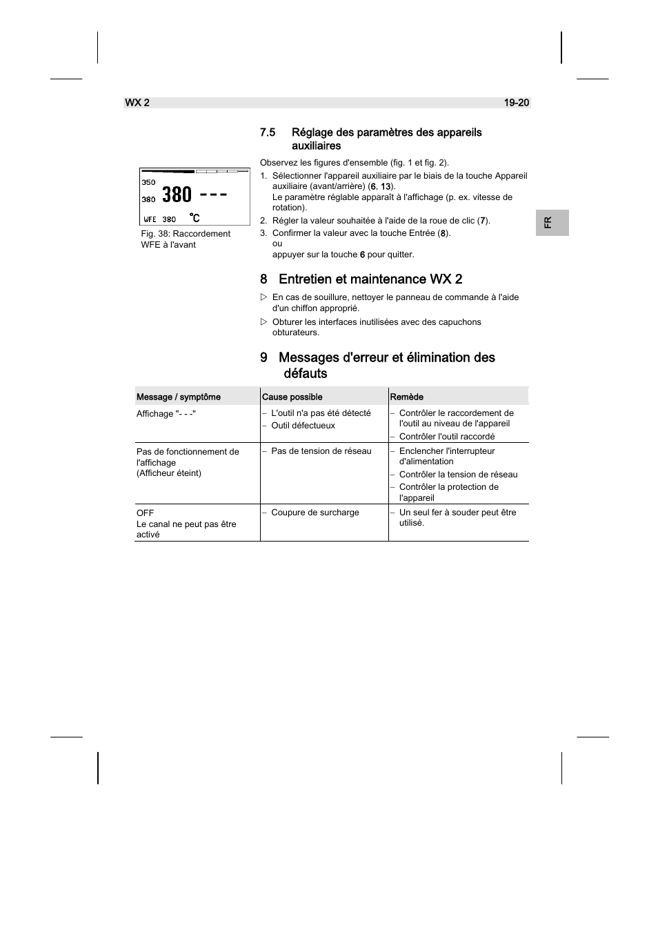 8 entretien et maintenance wx 2, 9 messages d'erreur et élimination des défauts, 5 réglage des paramètres des appareils auxiliaires | Weller WX2 User Manual | Page 83 / 128