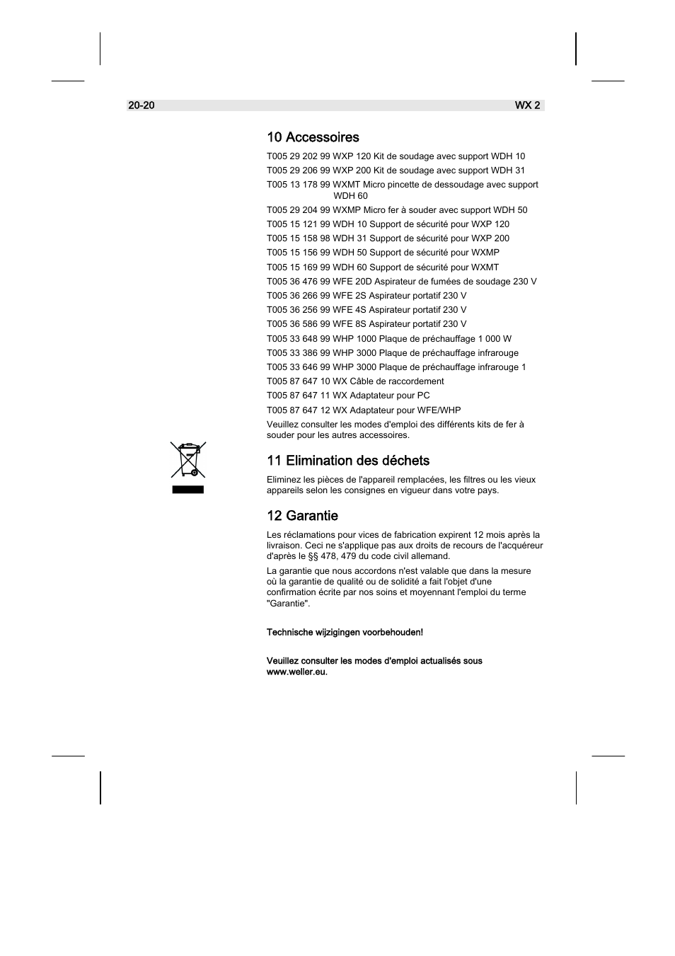 10 accessoires, 11 elimination des déchets, 12 garantie | Weller WX2 User Manual | Page 84 / 128