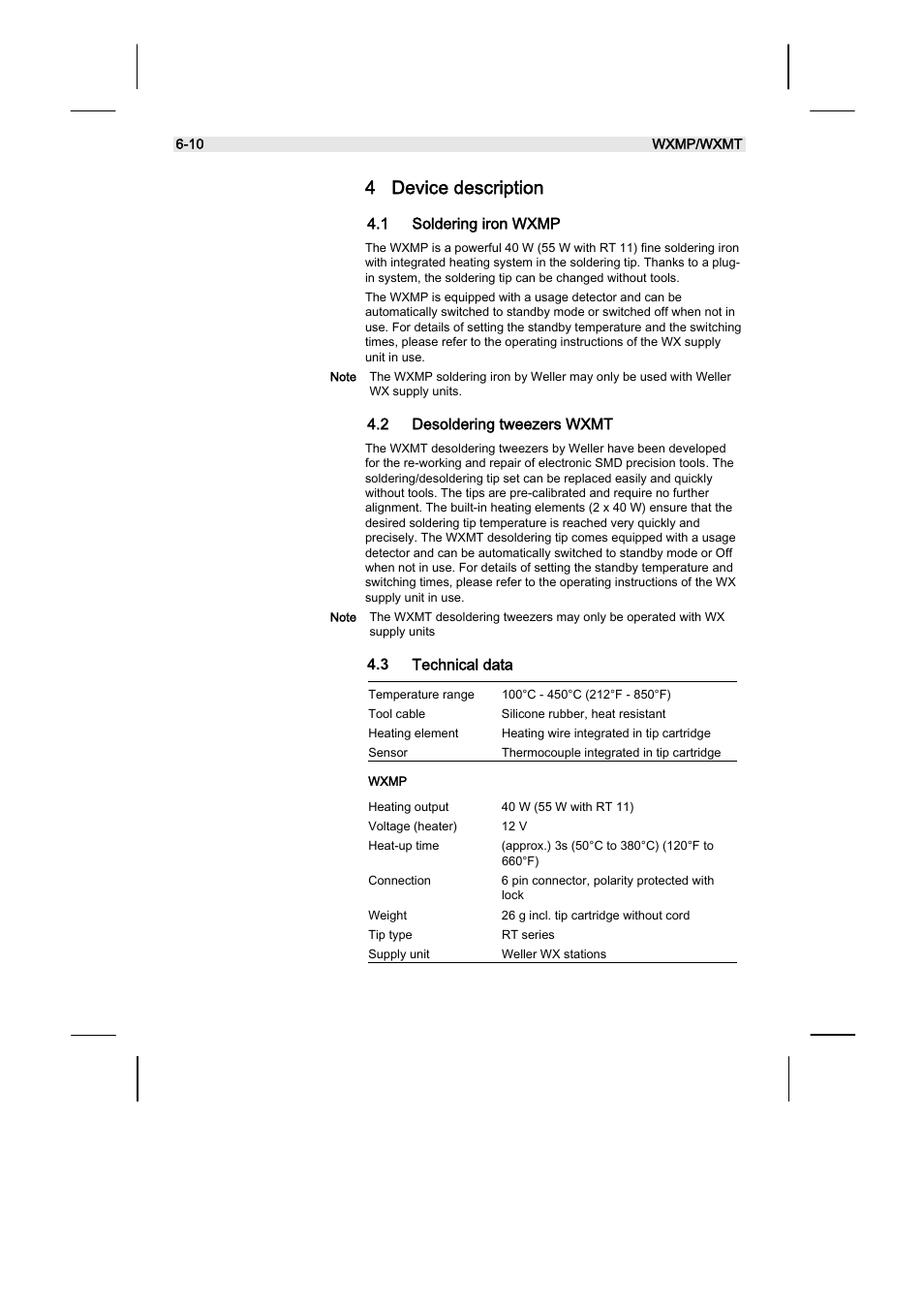 4 device description, 1 soldering iron wxmp, 2 desoldering tweezers wxmt | 3 technical data | Weller WXMT User Manual | Page 20 / 72