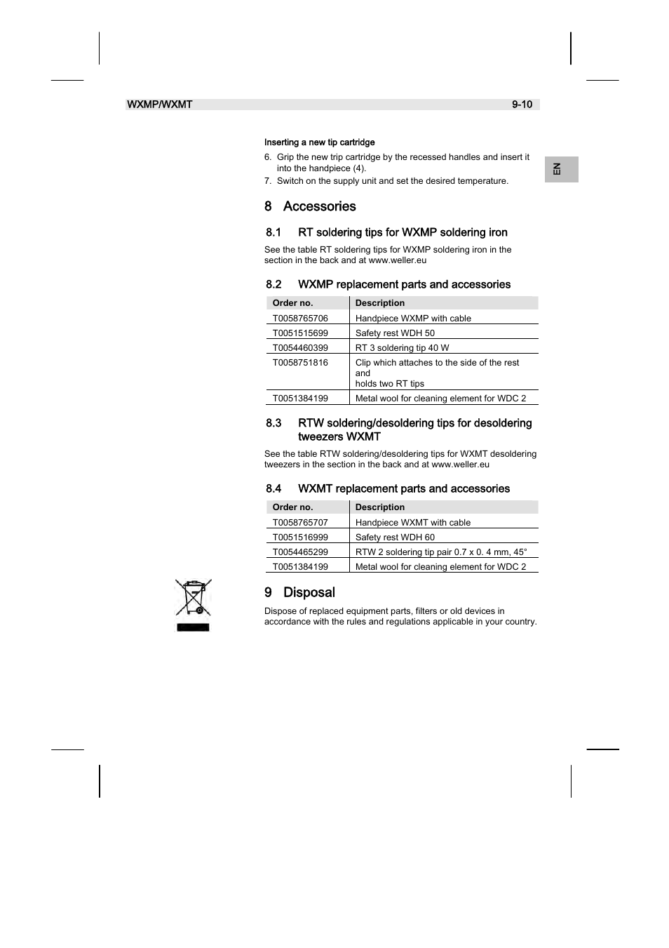 8 accessories, 9 disposal, 1 rt soldering tips for wxmp soldering iron | 2 wxmp replacement parts and accessories, 4 wxmt replacement parts and accessories | Weller WXMT User Manual | Page 23 / 72