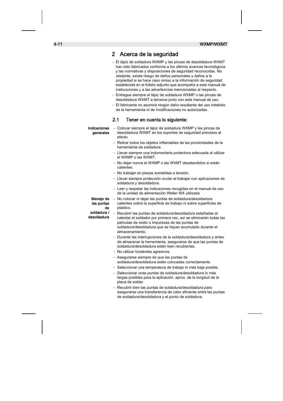 2 acerca de la seguridad, 1 tener en cuenta lo siguiente | Weller WXMT User Manual | Page 28 / 72