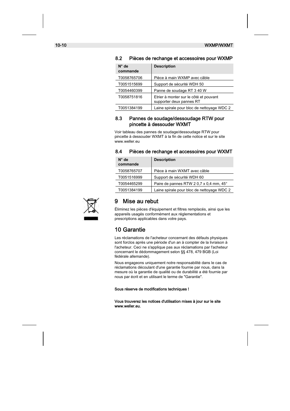 9 mise au rebut, 10 garantie | Weller WXMT User Manual | Page 46 / 72