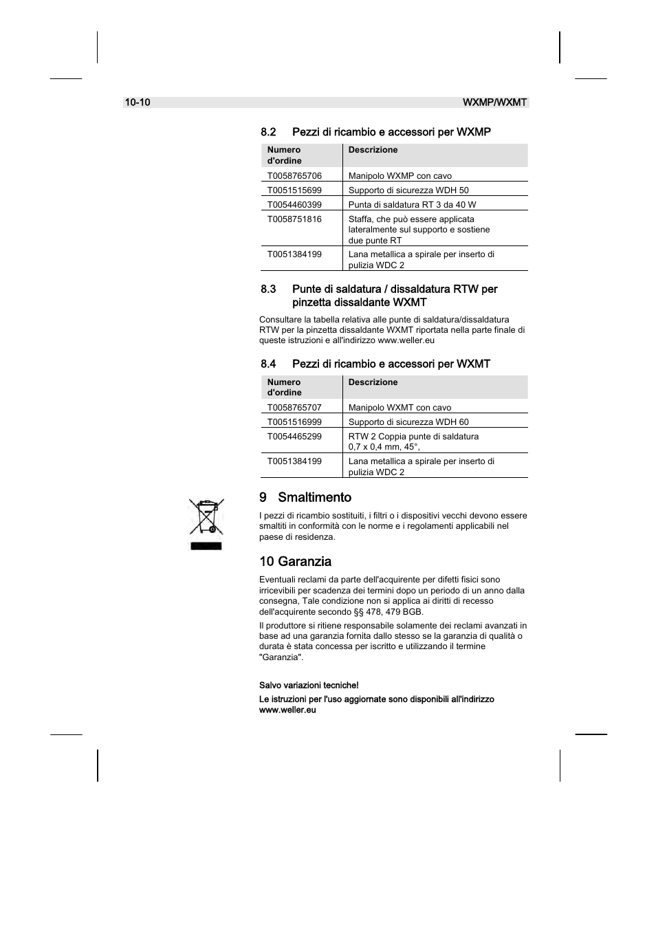 9 smaltimento, 10 garanzia | Weller WXMT User Manual | Page 56 / 72