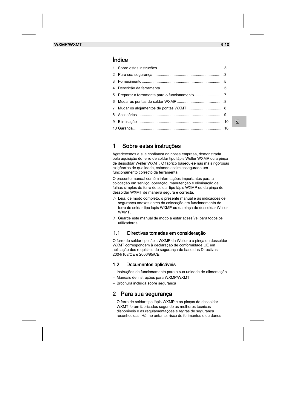 Índice, 1 sobre estas instruções, 2 para sua segurança | Weller WXMT User Manual | Page 59 / 72