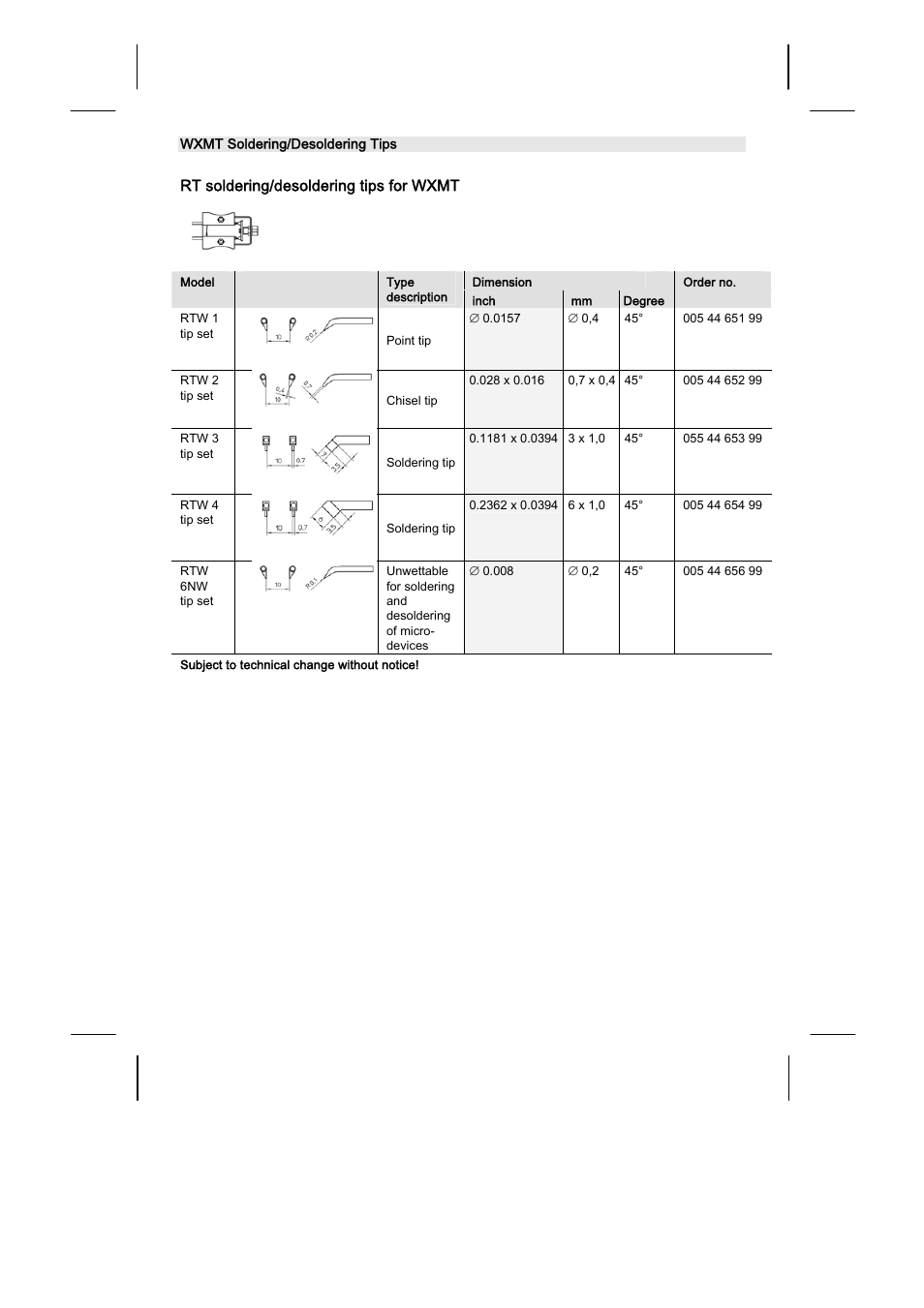 Rt soldering/desoldering tips for wxmt | Weller WXMT User Manual | Page 68 / 72