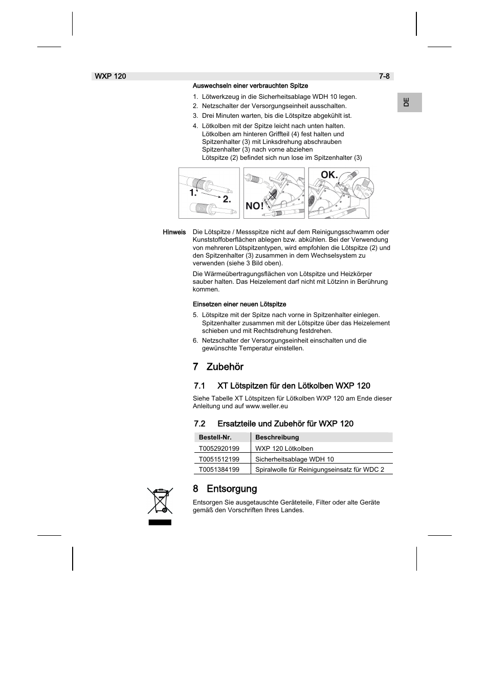 7 zubehör, 8 entsorgung, 1 xt lötspitzen für den lötkolben wxp 120 | 2 ersatzteile und zubehör für wxp 120 | Weller WX120 User Manual | Page 10 / 56