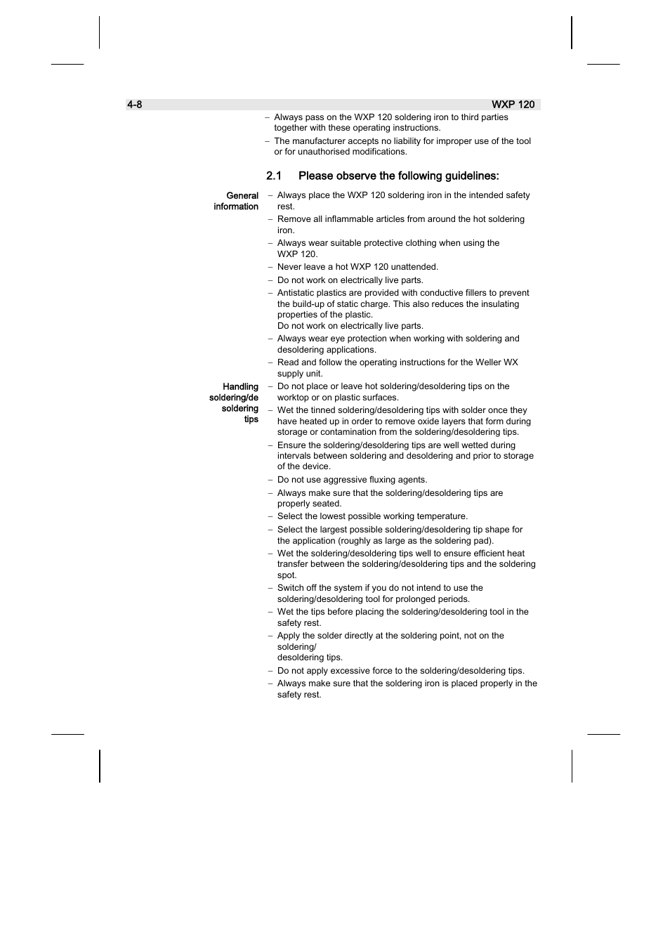 1 please observe the following guidelines | Weller WX120 User Manual | Page 15 / 56