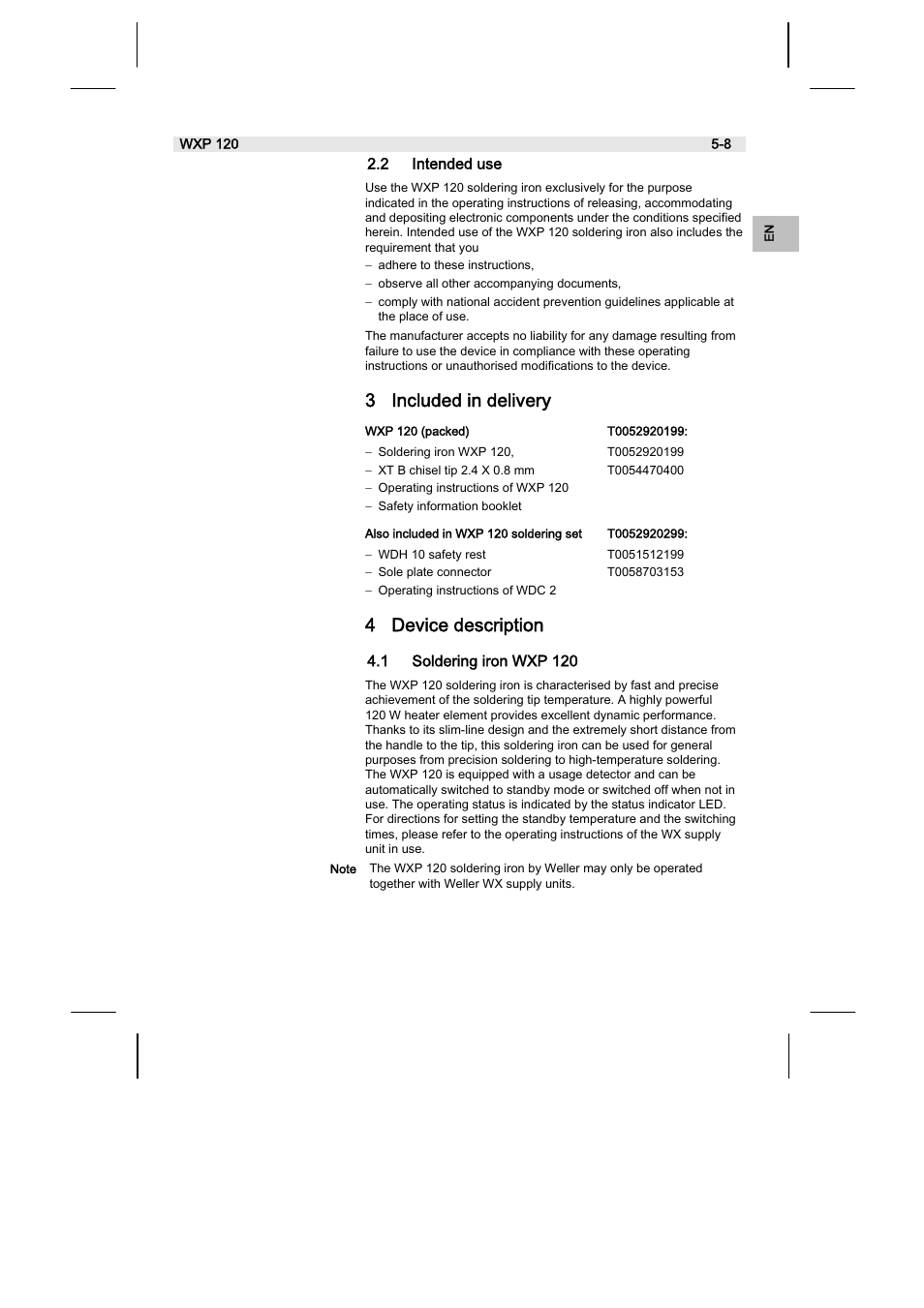 3 included in delivery, 4 device description, 2 intended use | 1 soldering iron wxp 120 | Weller WX120 User Manual | Page 16 / 56