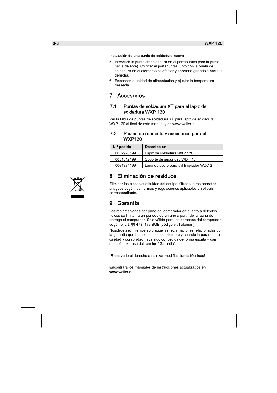 7 accesorios, 8 eliminación de residuos, 9 garantía | Weller WX120 User Manual | Page 27 / 56