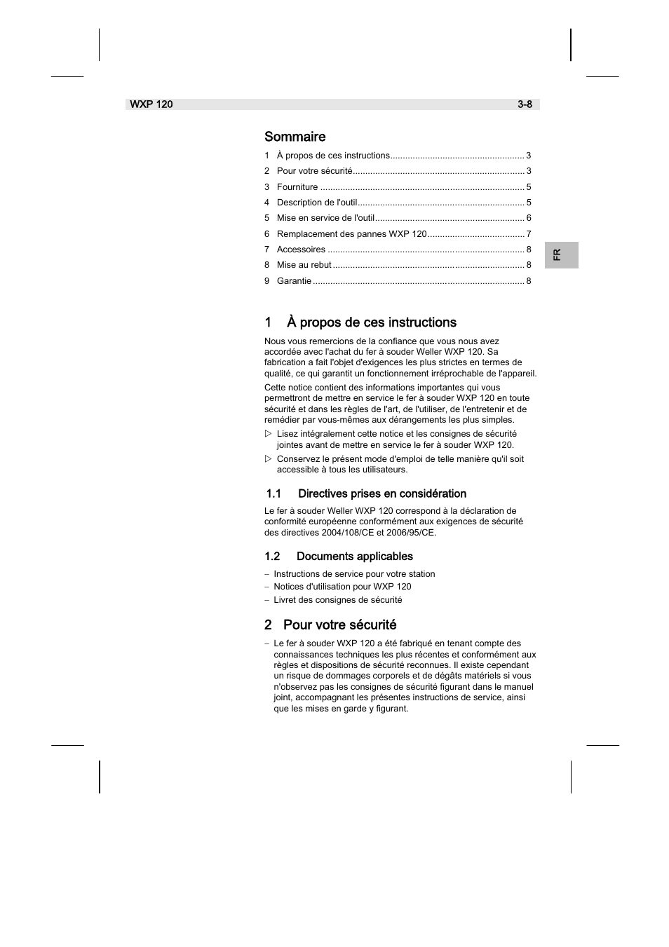Sommaire, 1 à propos de ces instructions, 2 pour votre sécurité | Weller WX120 User Manual | Page 30 / 56