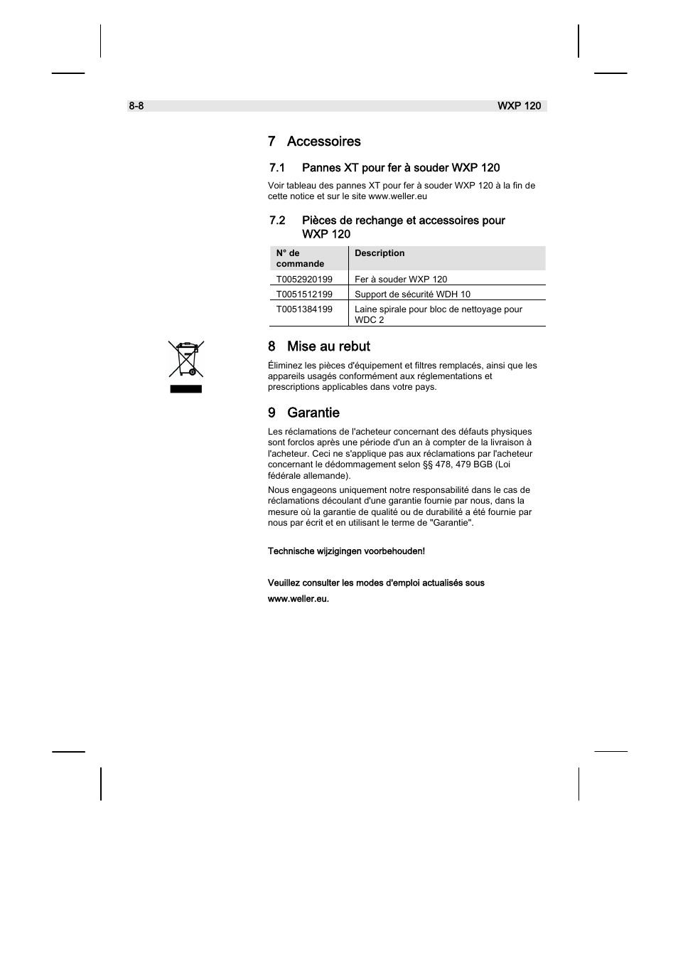 7 accessoires, 8 mise au rebut, 9 garantie | Weller WX120 User Manual | Page 35 / 56
