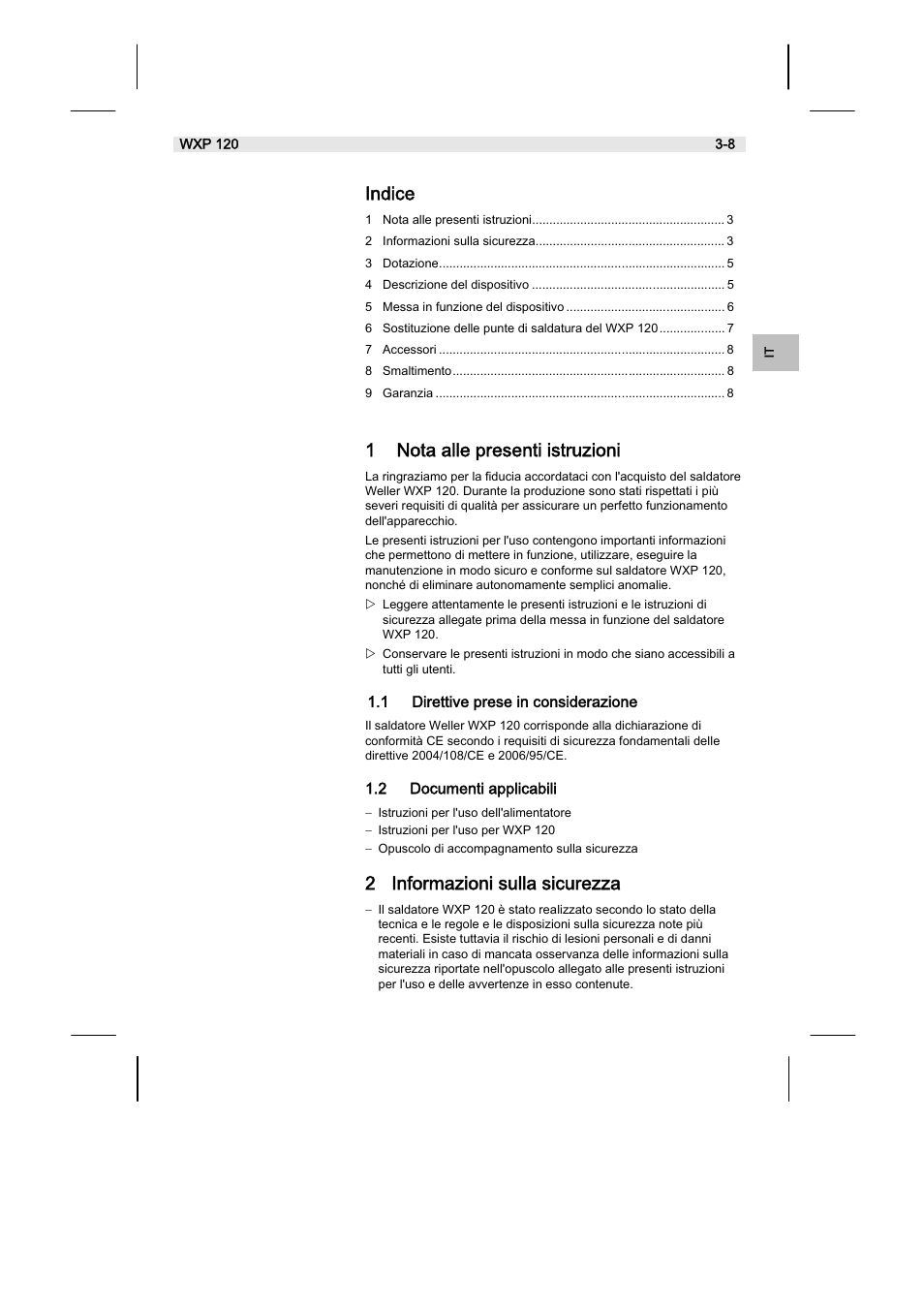 Indice, 1 nota alle presenti istruzioni, 2 informazioni sulla sicurezza | Weller WX120 User Manual | Page 38 / 56
