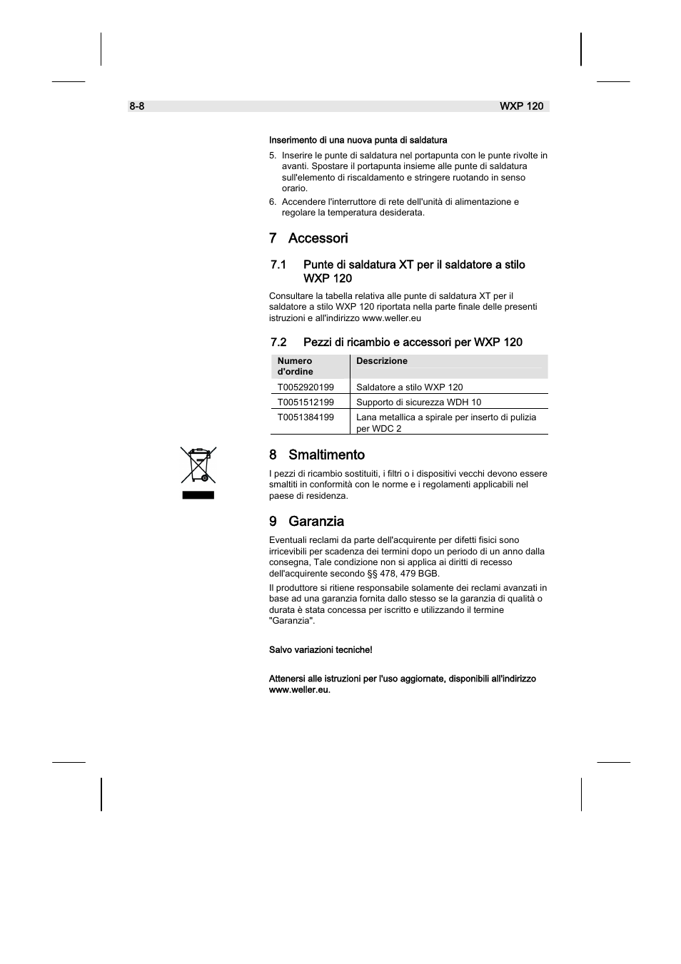 7 accessori, 8 smaltimento, 9 garanzia | Weller WX120 User Manual | Page 43 / 56