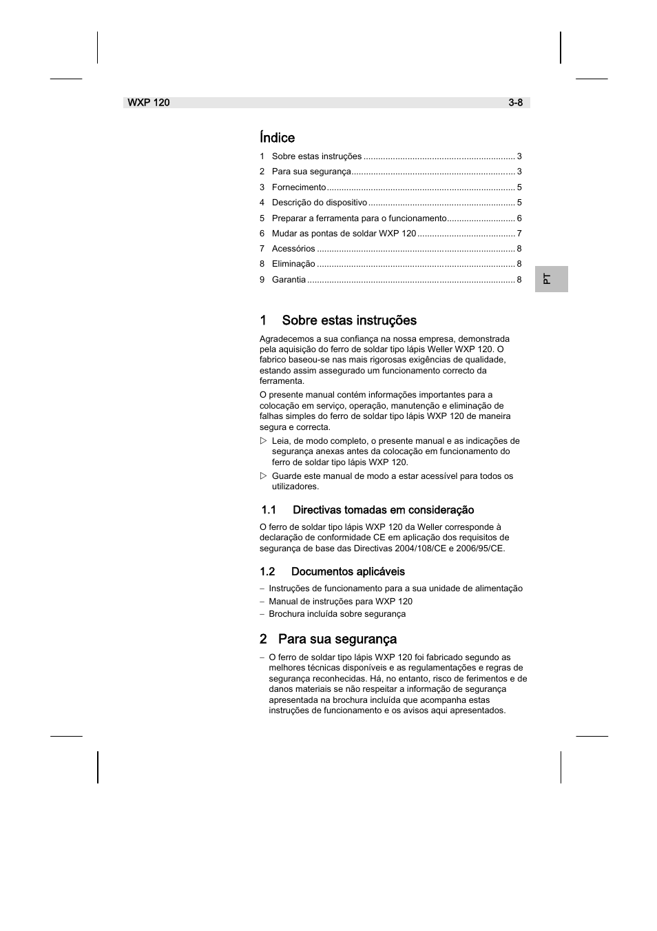 Índice, 1 sobre estas instruções, 2 para sua segurança | Weller WX120 User Manual | Page 46 / 56