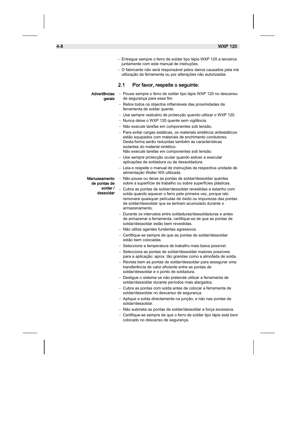1 por favor, respeite o seguinte | Weller WX120 User Manual | Page 47 / 56