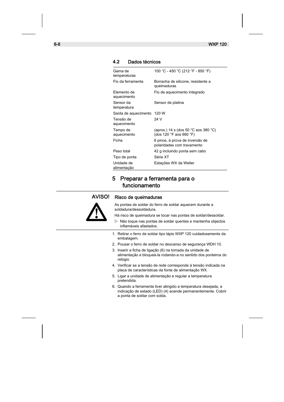 5 preparar a ferramenta para o funcionamento | Weller WX120 User Manual | Page 49 / 56